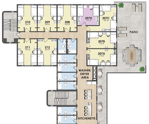 Modern floor plan highlighting multiple rooms with varying square footage, central kitchenette, laundry area, and spacious patio with seating.