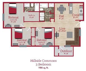 Hillside Commons 3 bedroom 2 bath floorplan
