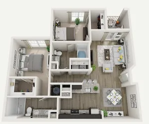 Stylish 3D floor plan with two bedrooms, a cozy living area, modern kitchen, and a balcony.