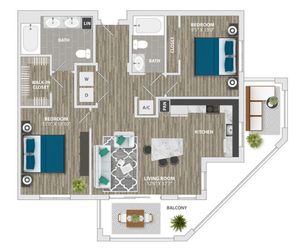 Chic floor plan showcasing two bedrooms, stylish open living space, modern kitchen, and inviting balcony.