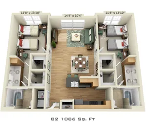 3D floor plan of a modern apartment with two bedrooms, two bathrooms, an open living area, and kitchen.
