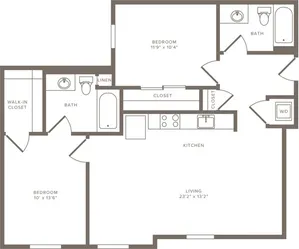 988 square foot two bedroom two bath floor plan image