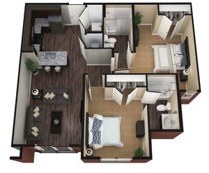 Modern 3D floor plan featuring 2 bedrooms, open-concept kitchen with breakfast bar, cozy living room, and 2 bathrooms.