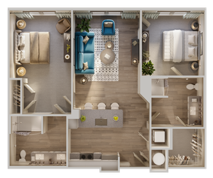 Modern 2D floor plan showcasing 2 spacious bedrooms, an open living area, and a sleek kitchen with island seating.