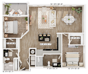 Elegant 3D floor plan showcasing 2 bedrooms, modern open living area, sleek kitchen, and a cozy balcony retreat.