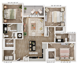 Contemporary 3-bedroom floor plan featuring a cozy living room, modern kitchen with bar seating, and two elegant bathrooms. Includes a spacious balcony for relaxing outdoor moments.