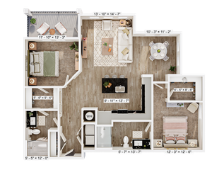 Modern floor plan showcasing 2 bedrooms, inviting living area, and sleek kitchen with dining nook. Includes spacious balcony and contemporary finishes.