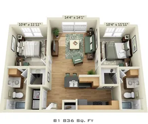 3D floor plan featuring 2 bedrooms, an inviting living area, and a modern kitchen.