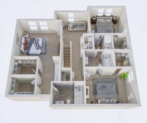 Inviting 3D floor plan showcasing 3 bedrooms, cozy living area, modern bathrooms, and spacious closets, ideal for comfortable living.
