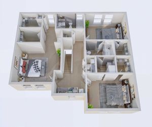 Modern and spacious 3D floor plan featuring three stylish bedrooms, two elegant bathrooms, and ample living spaces for comfort and luxury.