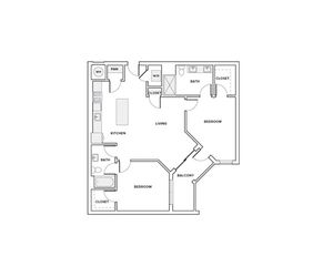 1107 square foot two bedroom two bath apartment floorplan image