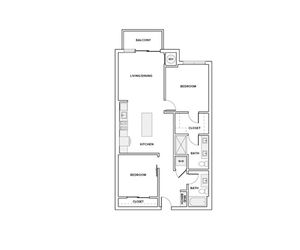 1029 square foot two bedroom two bath apartment floorplan image