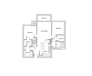 980 square foot two bedroom two bath apartment floorplan image