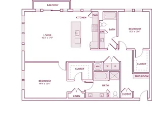 1398 square foot two bedroom two bath apartment floor plan in Houston, TX