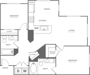 Two Bedroom Two Bath (1,159 SF)