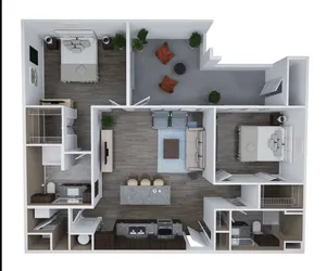 Unit E1 detailed floor plan showcasing a modern 2 bedroom, 2 bath apartment with a spacious open-concept living area and stylish kitchen, totaling 1,175 sq ft.