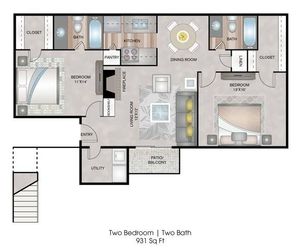 Two Bedrooms | Two Bathrooms | 931 sqft | Patio/Balcony | Laundry Room with Full-Size Washer/Dryer Connections | Fireplace | Two Walk-in Closets