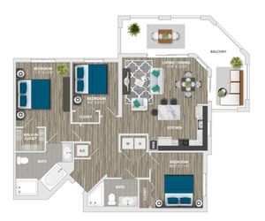 Modern floor plan showcasing 3 bedrooms, an open living and dining area, and a sleek kitchen with easy access to a spacious balcony.