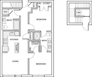 953 square foot two bedroom two bath floor plan image