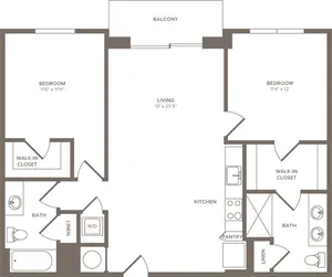 1037 square foot two bedroom two bath apartment floorplan image