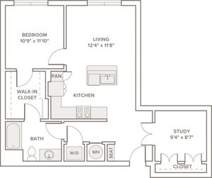 830 to 924 square foot one bedroom one bath apartment floorplan image