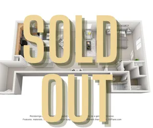 Modern 3D floor plan featuring a spacious living area, two cozy bedrooms, a well-appointed kitchen, and stylish design elements, marked as sold out.