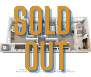 Modern and elegant 3D floor plan featuring 2 bedrooms, a cozy living area, a sleek kitchen, and a dining space, marked as \'Sold Out\'.