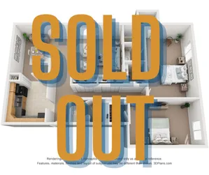 Modern 3D floor plan with two bedrooms, an inviting open kitchen, and cozy living room. Sold out design shows smart space utilization.