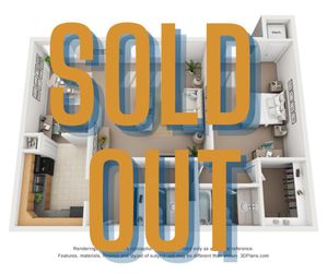 Contemporary 3D floor plan showcasing 2 bedrooms, 2 bathrooms, open kitchen, and cozy living room, indicating high demand with \'Sold Out\' overlay.