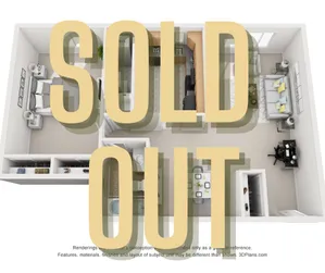 Modern 3D floor plan featuring a cozy bedroom, elegant living room, and functional kitchen, showcasing SOLD OUT luxury apartment.