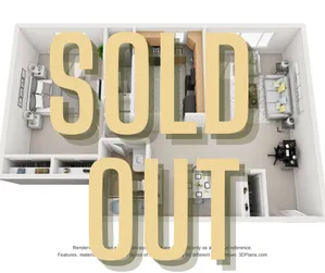 Vibrant 3D floor plan showcasing a modern two-bedroom apartment with a cozy living area, elegant kitchen, and home office space. \'Sold Out\' prominently displayed.