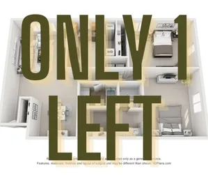 Modern 3D floor plan showcasing 2 bedrooms, cozy living space, and functional kitchen with \'Only 1 Left\' overlay.