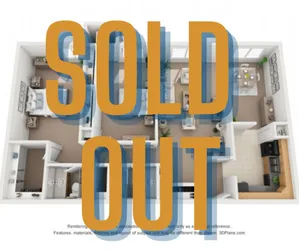 Chic 3-bedroom apartment floor plan with open living area and modern kitchen, marked as sold out.