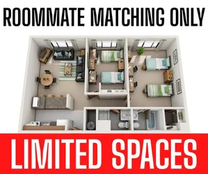 Dynamic floor plan layout showcasing a comfortable shared apartment with two bedrooms, a cozy living area, and modern kitchen facilities. Ideal for roommate matching with limited spaces available.