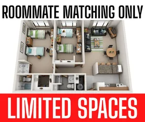 Inviting 3D floor plan showcasing a cozy two-bedroom layout with shared living area, modern kitchen, and dual bathrooms, ideal for roommate matching.