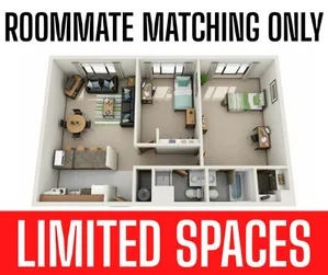 Contemporary 3D floor plan showcasing a cozy two-bedroom apartment with a modern living area, efficient kitchen, and shared bathroom. Ideal for roommate matching with limited spaces available.