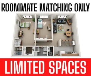 Modern apartment floor plan showcasing roommate-friendly layout with two cozy bedrooms, a stylish shared living room, and well-equipped kitchen. Secure your spot in limited spaces.