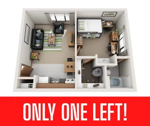 Modern 3D apartment floor plan showcasing a cozy bedroom, stylish living room, sleek kitchen, and a bathroom. Only one left, perfect for a contemporary lifestyle.