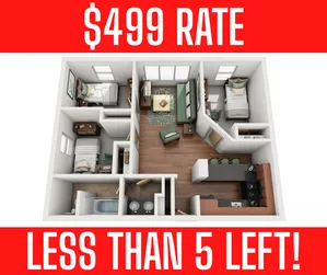 Affordable 3D floor plan showcasing 3 cozy bedrooms, an inviting living room, a modern kitchen, and a sleek bathroom, all for just $499. Limited availability!