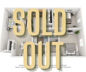 Modern 3D floor plan featuring two cozy bedrooms, an elegant open living room, and a fully equipped kitchen, seamlessly designed for comfort. Now sold out.