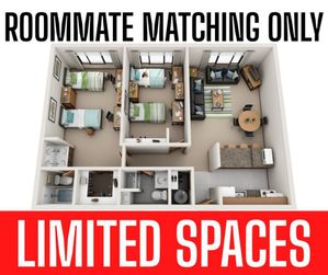 Modern apartment floor plan featuring two cozy bedrooms, a chic living area, dining space, and a fully equipped kitchen, perfect for roommate matching.