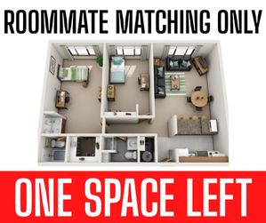 Contemporary 3D floor plan with two bedrooms, modern kitchen, cozy living room, and dual bathrooms, ideal for roommate matching with one space left.