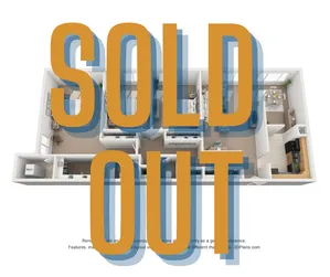 Charming 3D floor plan showcasing 2 cozy bedrooms, an inviting living area, and a modern kitchen, fully sold out.