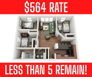 Charming 3D floor plan featuring 3 cozy bedrooms, a modern kitchen, and inviting living area with unbeatable $564 rate. Act fast - less than 5 units left!