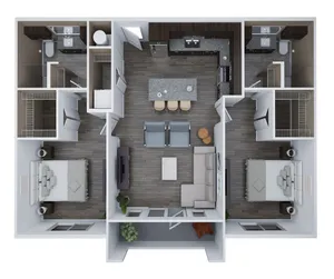 Contemporary Unit D floor plan showcasing 2 bedrooms, 2 bathrooms, open-concept kitchen, and living area, spanning 1,134 sq. ft.