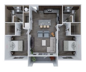 Modern Unit D2 floor plan showcasing 2 bedrooms, 2 bathrooms, a stylish open kitchen with island, and a cozy living area, 1134 sq ft.