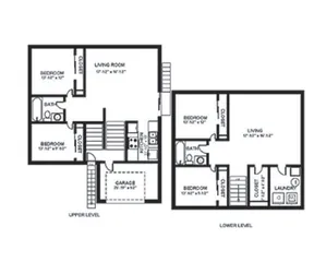 Inviting two-level floor plan showcasing 4 spacious bedrooms, modern kitchen, cozy living area, and convenient laundry room.