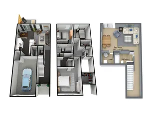 Modern 3D floor plan showcasing a stylish multi-level home with a garage, open-concept living area, three bedrooms, and a versatile rec room with bathroom.
