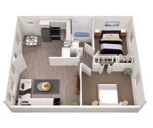 3D floor plan of a modern apartment with a bedroom, cozy living space, open kitchen, and bathroom.
