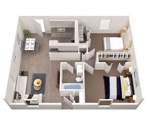 3D floor plan of a two-bedroom apartment featuring a spacious open living area and a modern kitchen.